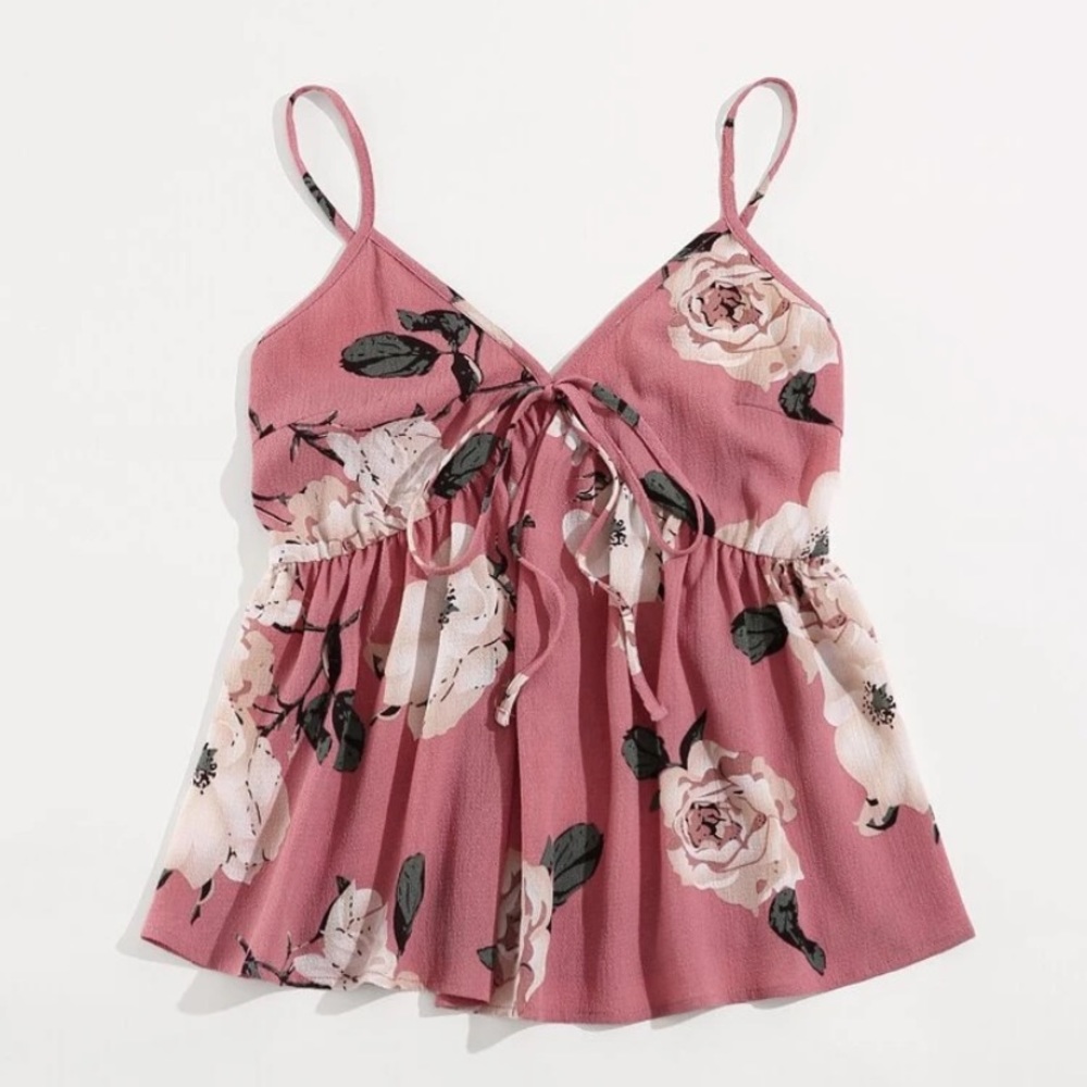 Floral Tie Front Shirred Back Chiffon Cami Top